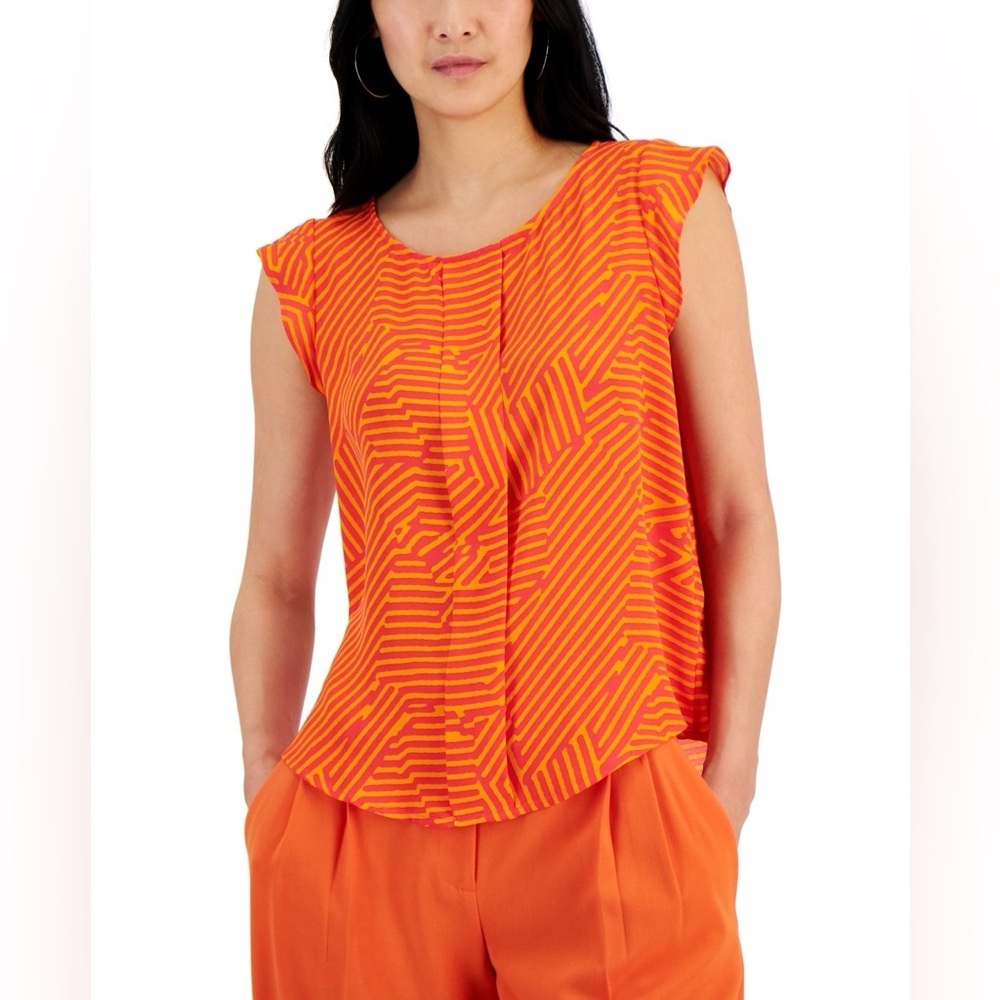 Tahari ASL Women's Abstract-Print Flutter Sleeve Blouse in Clementine NWT M